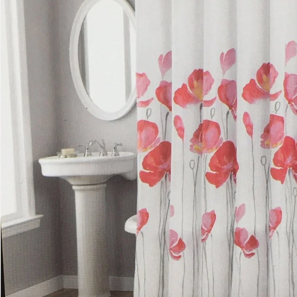 Nicole Miller Red Petunia Flower Fabric Shower Curtain Watercolor Floral Summer